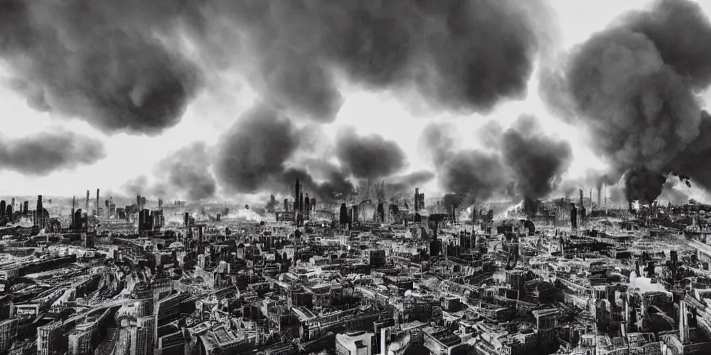 Image similar to steampunk city skyline engulfed in flames, huge explosions everywhere, bird's eye view, wide shot, cinematic, 1 3 5 film, black and white photograph