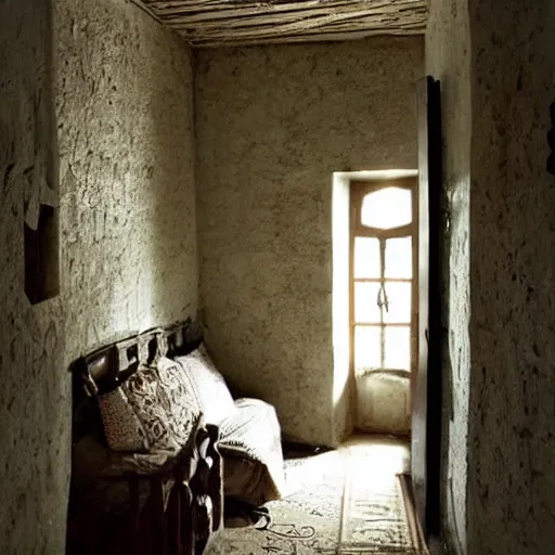 Prompt: secret room upstairs above the family room, behind the wall, comforting and familiar, archaic yet alive, only visited during dreams,