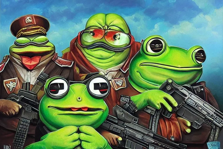 Image similar to portrait of pepe the frog and josef stalin with guns fighting a drug cartel, an oil painting by ross tran and thomas kincade