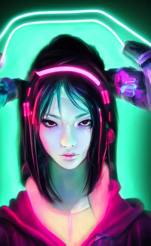 Image similar to a cyberpunk girl wearing neon hoodie, chrome, neon light, japan, perfect face, high detailed, realistic, preatty face, asian, long hair, cyberpunk, geisha, arcane style, 3 d mix with 2 d