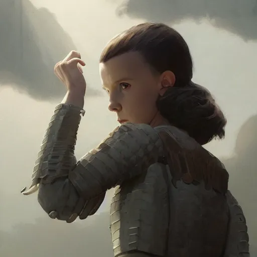 Image similar to a highly detailed epic cinematic concept art CG render digital painting artwork: Millie Bobby Brown. By Greg Rutkowski, Ilya Kuvshinov, WLOP, Stanley Artgerm Lau, Ruan Jia and Fenghua Zhong, trending on ArtStation, subtle muted cinematic colors, made in Maya, Blender and Photoshop, octane render, excellent composition, cinematic atmosphere, dynamic dramatic cinematic lighting, precise correct anatomy, aesthetic, very inspirational, arthouse