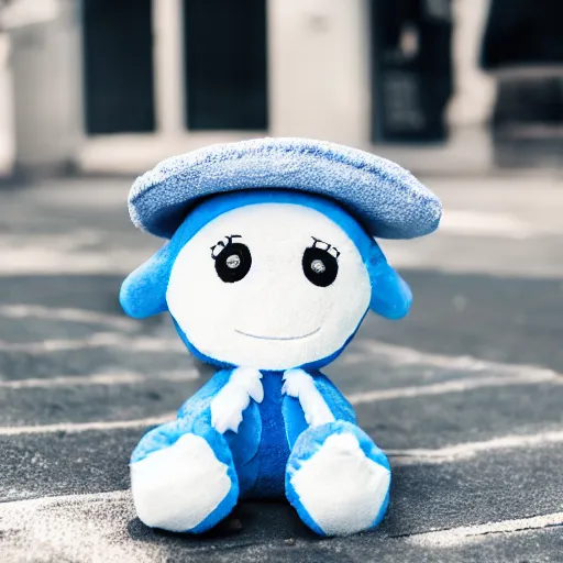 Image similar to blue'snappy gifts'plush doll, on sidewalk, giving gifts to people, happy atmosphere, high detail, soft lighting, 8 k