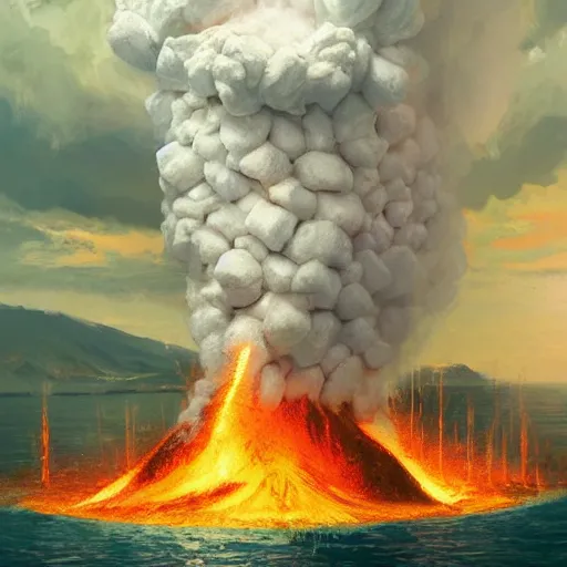 Image similar to a volcano erupting marshmallows on an island, highly detailed, concept art, art by wlop and artgerm and greg rutkowski, masterpiece, trending on artstation, 8 k