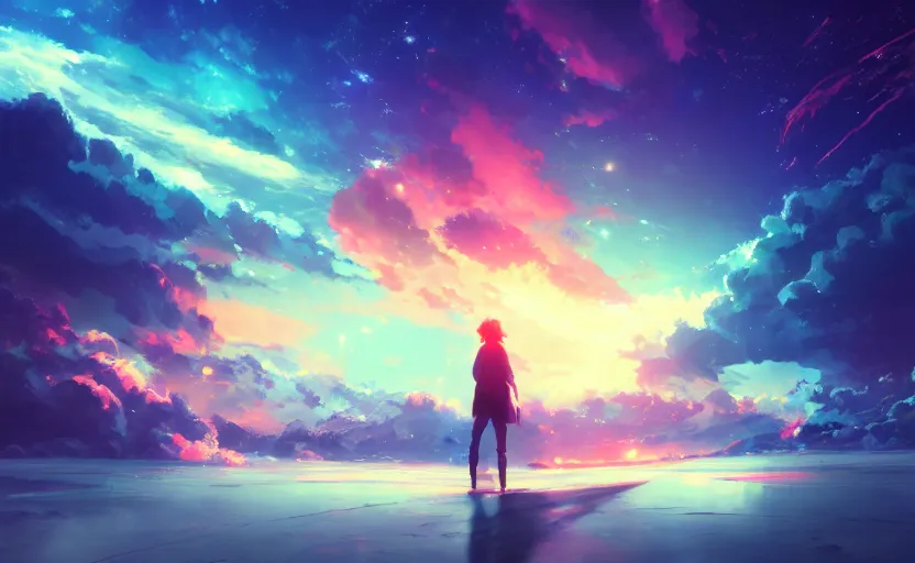 Image similar to anime scene background, no characters, anime painting, 3d render, hyper realistic, dramatic lighting, the sky is a nebula on fire, 8k hdr pixiv dslr photo by Makoto Shinkai ilya kuvshinov and Wojtek Fus, digital art, concept art,