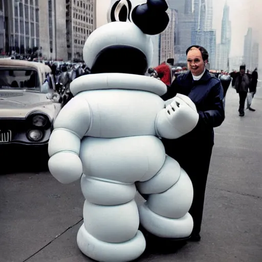 Prompt: kaws Michelin man 1970s street performer