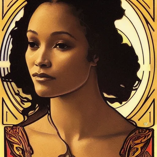 Prompt: thandiwe newton portrait by louis - theophile hingre and alphonse mucha, realistic, sharp focus, zodiac signs, tarot cards, planets, ethereal, art nouveau, magic, moon, sun, crown, dreamy, royal, jewellery