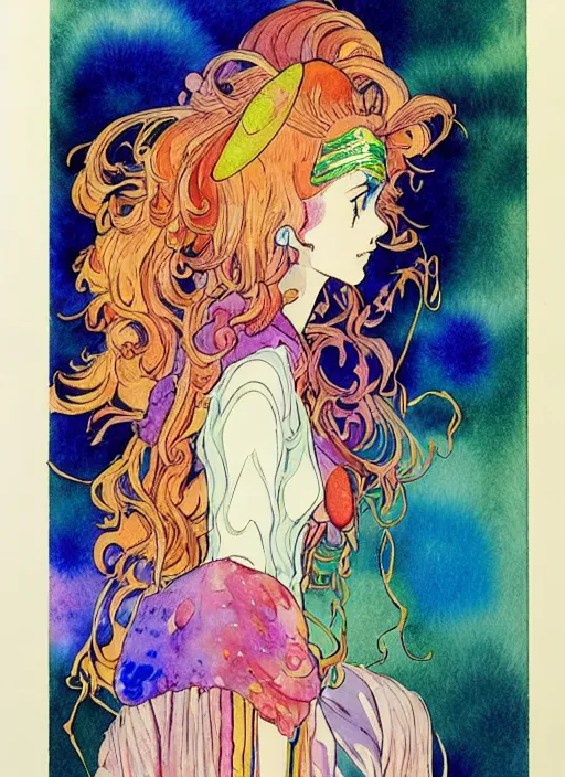 Prompt: vintage 7 0 s anime watercolor by geoff darrow, a portrait of a lady with colorful face - paint enshrouded in an impressionist watercolor, representation of mystic crystalline fractals in the background by william holman hunt, art by cicley mary barker, thick impressionist watercolor brush strokes, portrait painting by daniel garber, minimalist simple pen and watercolor