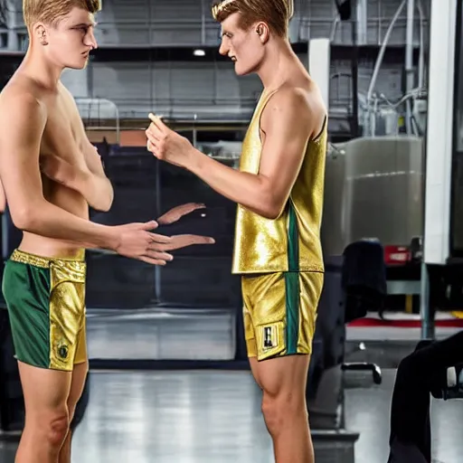 Image similar to a realistic detailed photo of a guy who is an attractive humanoid who is half robot and half humanoid, who is a male android, soccer players martin ødegaard & timo werner, shiny skin, posing like a statue, blank stare, in a factory, on display, showing off his muscles, gold soccer shorts, side view, looking at each other mindlessly