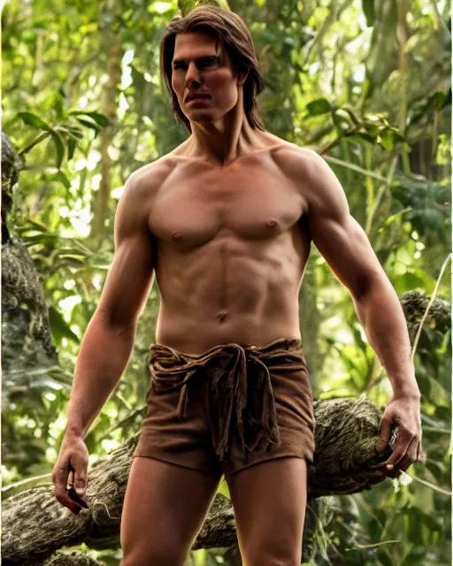 Prompt: A studio color photo of Tom Cruise as Tarzan in the style of Annie Leibovitz, bokeh, 90mm, f/1.4