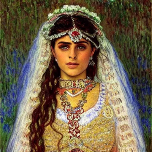 Image similar to full body portrait of a beautiful Kurdish bride wearing a beautiful wedding dress, very detailed eyes, hyperrealistic, beautiful and symmetrical face, very detailed painting by Claude Monet and Alphonse Mucha, ornate, trending on artstation, extremely high detail, incredibly intricate