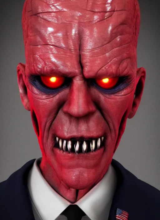 Image similar to hyper realistic ultra realistic cenobite pinhead biden photo furious glowing red eyes biden, high quality photo, detailed , 8k