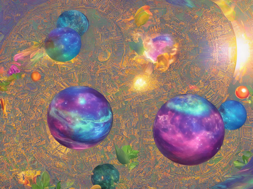 Image similar to 3 d render, sunlight study, the universe is a spheroid region 7 0 5 meters in diameter, art nouveau, by maria sibylla merian and ( ( ( ( ( lisa frank ) ) ) ) ), 8 k, sharp focus, octane render