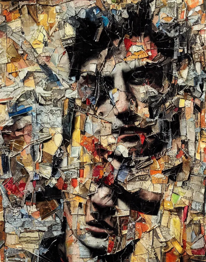 Prompt: male fight detailed analogue mixed media collage with canvas texture in style of contemporary art, punk art, hyperrealistic beautiful face, photorealistic, expressionism, masterpiece, perfect composition, spectacular quality, intricate oil details, vivid broken glass, torn paper