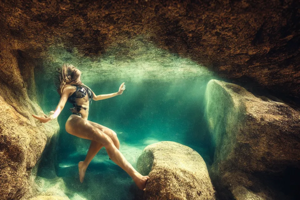 Prompt: female model in massive rock trench , swimming toward the sun rays and caustics, film , cinematic, underwater photography