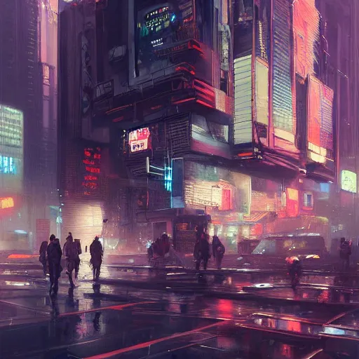 Image similar to very detailed masterpiece painting of a busy cyberpunk city street, portrait, artstation, concept art by greg rutkowski