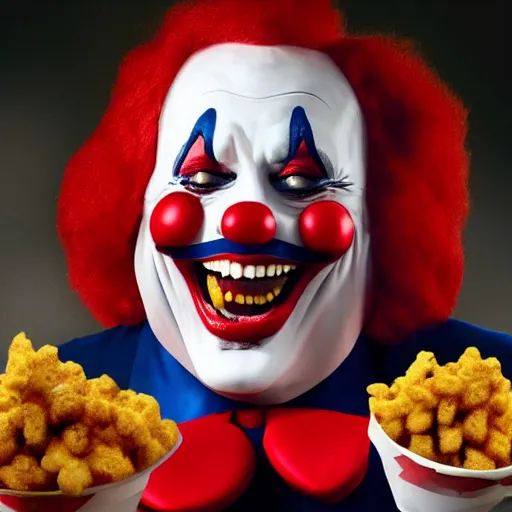 Prompt: sinister clown Ronald McDonald crushing rats into nuggets