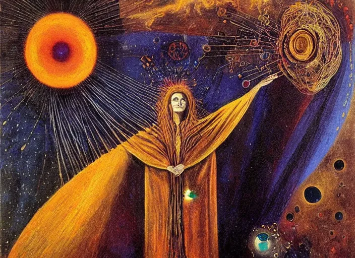 Image similar to a shaman woman holding up the cosmic!!!! universe, by remedios varo, reflection, symbolist!, psychedelic colors, dramatic!! lighting, smooth, sharp focus, extremely detailed, aesthetically pleasing composition