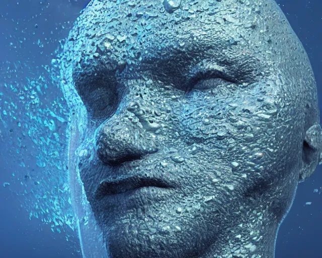 Prompt: a giant sculpture made out of of gelatin in a human head shape, on the surface of the ocean, in the style of chad knight, long shot, hyper detailed, hyper realistic, ray tracing, 8 k resolution, sharp focus, realistic water, award winning sculpture