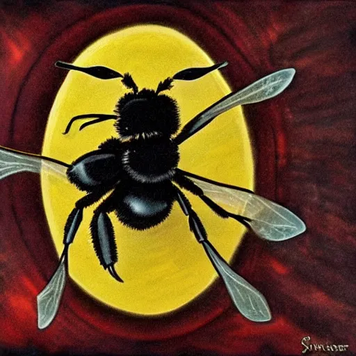 Image similar to a dark ritual spell with a bumblebee placed in the middle of a bloody bullseye, fantasy illustration