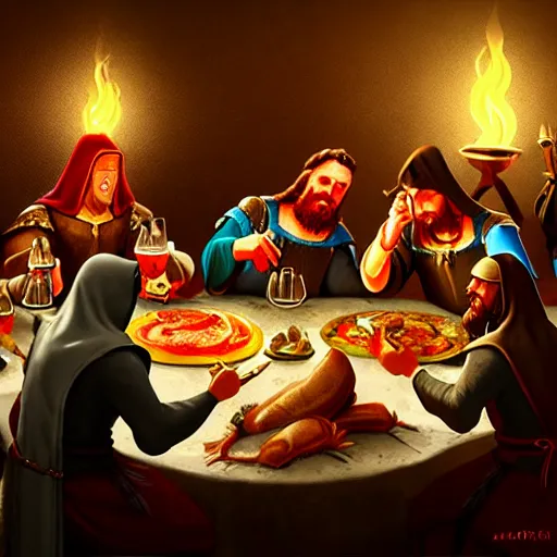 Prompt: medieval feast with drinking, artstation, fantasy