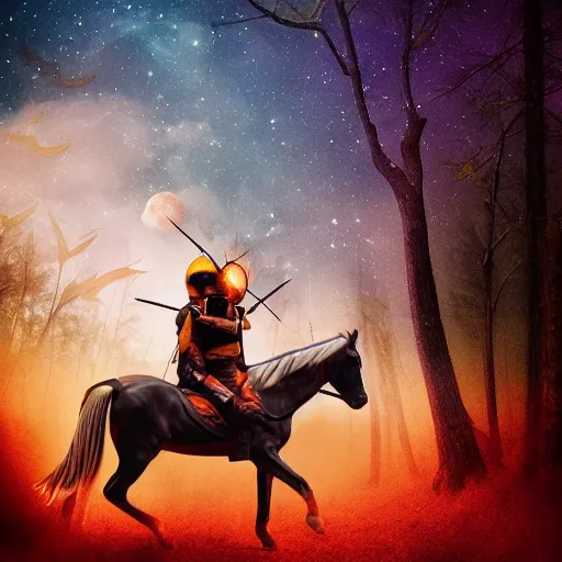 Image similar to arrows struck astronaut riding a horse in a fantasy forest, landscape, cinematic, digital art, front lit, epic, cinematic