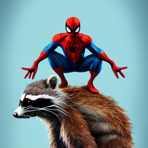 Image similar to spider - man sit on the raccoon and eating donuts, concept art, trending on artstation, highly detailed, intricate, sharp focus, digital art, 8 k