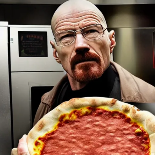 Prompt: Walter white running a pizza restroom