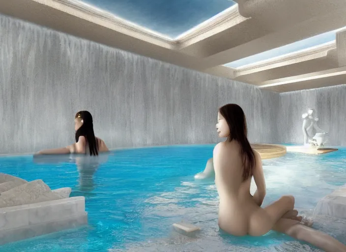 Image similar to modern chic futuristic onsen (Japanese bath house) with gold intricate luxurious details at Pamukkale, thermal waters flowing down white travertine terraces, dozen beautiful women wearing sweet dresses, ethereal anf dreamy, intricate, elegant, luxurious, digital painting, concept art, smooth, sharp focus, from Star Trek 2021, illustration, by WLOP and Ruan Jia and Mandy Jurgens and William-Adolphe Bouguereau, Artgerm