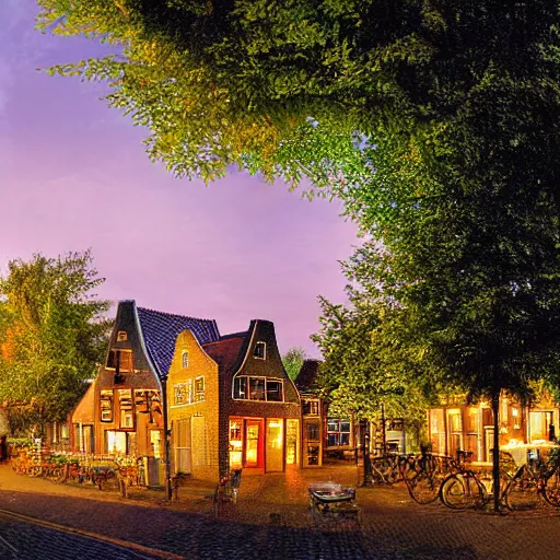 Image similar to a warm summer night in the village center of a small hovel in the netherlands, 2 0 0 8, detailed, wideshot, photorealistic, blue - yellow sky