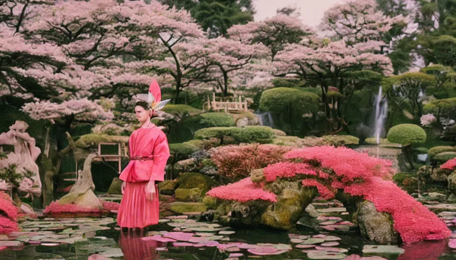 Prompt: , movie still by wes anderson of a beautiful girl wearing gucci exploring a magical japanese garden with flowers, glowing temple in the distance, floating big magical deity heads with gucci headdresses, miniature eco - cities, dreamy - vibes, aesthetic feel, cinestill 8 0 0 t, high quality, very detailed, heavy grain, fine facial features, 8 k