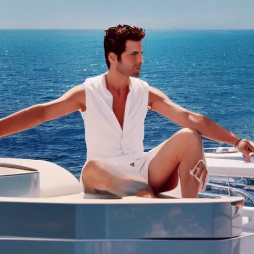 Prompt: perfume ad man on a yacht, tv commercial