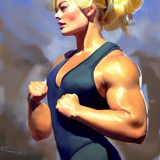 Image similar to greg manchess portrait of margot robbie as thick very muscular weightlifter with twintails and blondehair, eyes closed, medium shot, asymmetrical, profile picture, organic painting, sunny day, matte painting, bold shapes, hard edges, street art, trending on artstation, by huang guangjian and gil elvgren and sachin teng