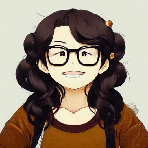 Prompt: An anime portrait of a chubby, plus-sized, beautiful happy Latina woman with shoulder-length curly dark brown hair, brown eyes, normal nose, glasses, wearing a sweater, smiling, by Stanley Artgerm Lau, WLOP, Rossdraws, James Jean, Andrei Riabovitchev, Marc Simonetti, and Sakimi chan, trending on artstation