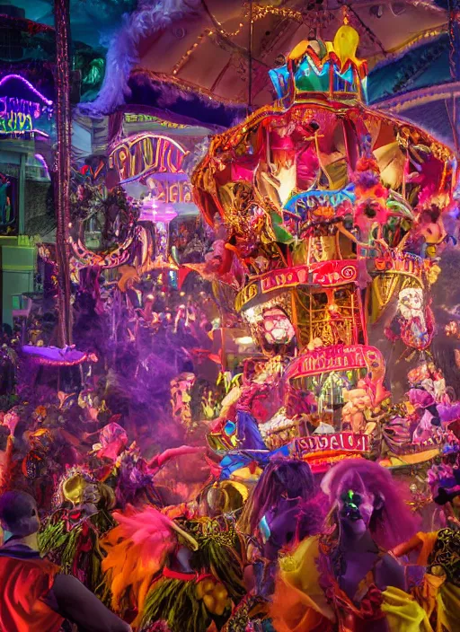 Image similar to professional photography, octane render, beautiful aesthetic whimsical horror, carnival, fools and jesters performing at a carnival, high-resolution, extreme detail, beautiful colorful lights