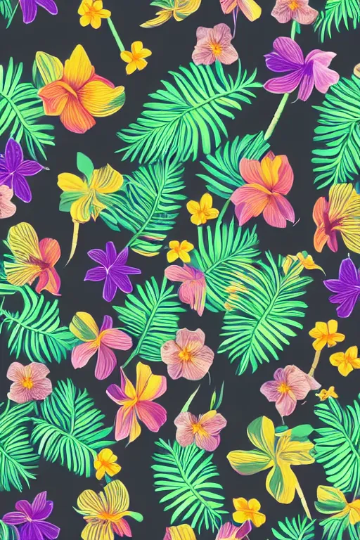 Image similar to muted sonbre detailed vector illustration of photorealistic tropical flowers and green reeds, multiple cohesive colors ranging from warms purples to bright oranges on a ((very dark black background)), 4K resolution, trending on artstation, hd wallpaper