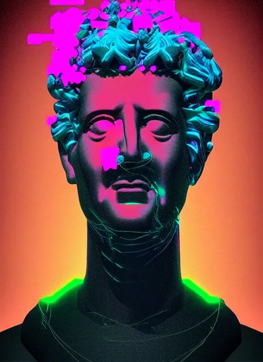 Image similar to bust of dionysus, beeple, vaporwave, retrowave, black background, neon wiring, black, glitch, strong contrast, cuts, pinterest, trending on artstation