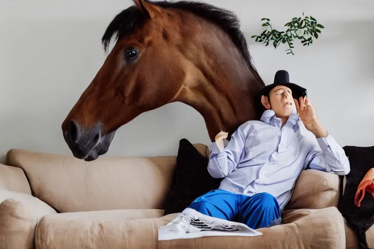 Prompt: a horse with a hat and a shirt and pants while its watching tv on sofa