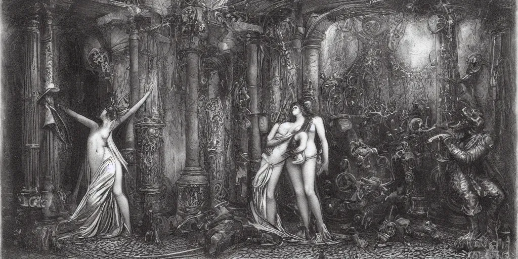 Image similar to Pygmalion and Galatea painting, steampunk, horror by Gustave Dore.