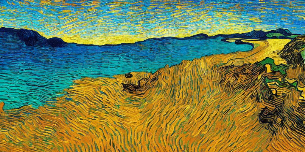 Prompt: a beach between two valley, by Salvador Dali and Van Gogh collaboration, sun set, digital art, high details, drone wide shot