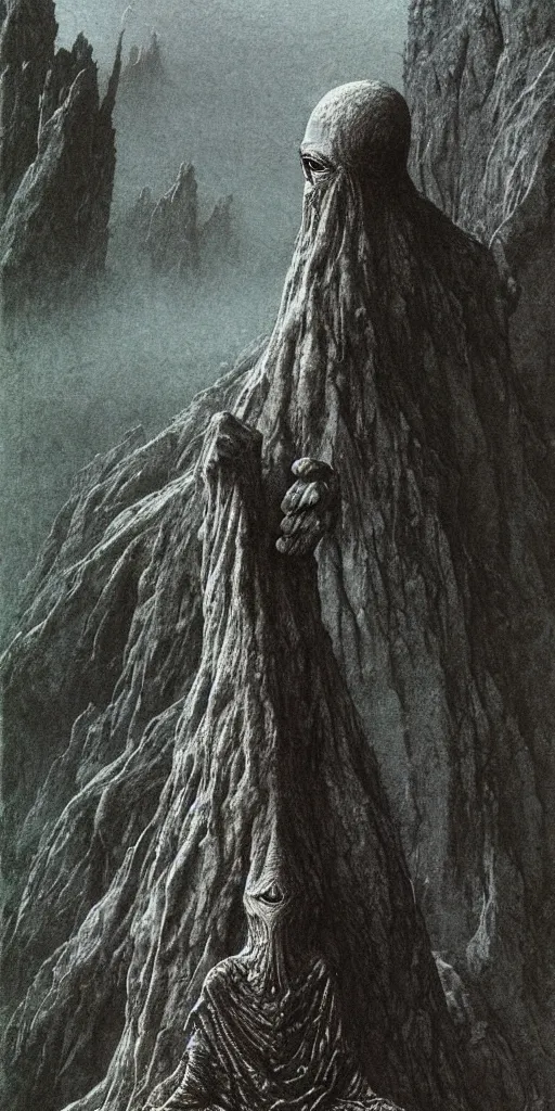 Image similar to A detailed lonley enormous alien sock stands among the mountains. Wearing a ripped mantle, robe. Perfect face, extremely high details, realistic, fantasy art, solo, masterpiece, art by Zdzisław Beksiński, Arthur Rackham, Dariusz Zawadzki