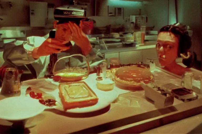 Image similar to mcdonald's mc - aspic aspic meal, in 1 9 9 5, y 2 k cybercore, industrial low - light photography, still from a ridley scott movie