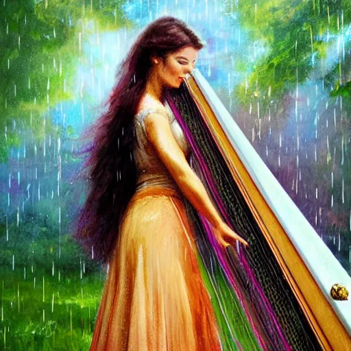 Prompt: beautiful detailed princess playing harp under rain oil paint clean face hd colors - n 9 - s 1 5 0