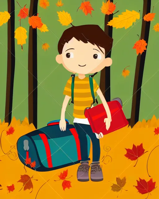 Image similar to autumn hillside boy with camping bag illustration light color