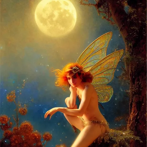 Image similar to attractive fairy magically floating high in the night, fantasy, full moon in background. highly detailed painting by gaston bussiere, craig mullins, j. c. leyendecker, mid shot, 8 k