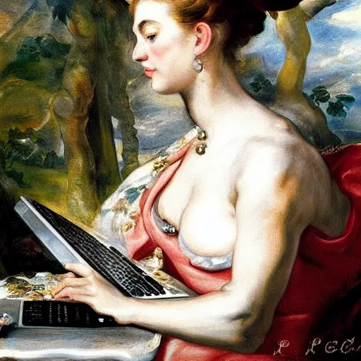 Prompt: heavenly summer sharp land sphere scallop well dressed lady working on her laptop drinking a starbucks coffee auslese, by peter paul rubens and eugene delacroix and karol bak, hyperrealism, digital illustration, fauvist