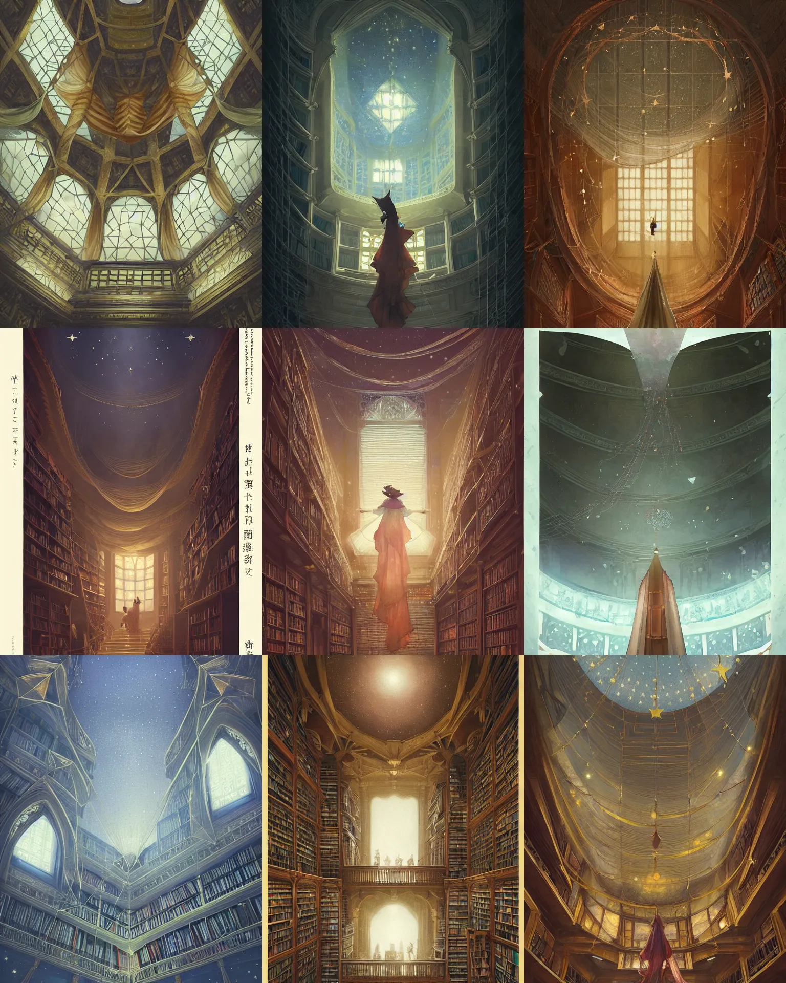 Prompt: splendid librarian of a polygonal library walls and glass ceilings showing the stars and hanging silk drapery and tapestries, light dust, magnificent, close up, details, sharp focus, elegant, highly detailed, illustration, by Jordan Grimmer and greg rutkowski and PiNe(パイネ) and 薯子Imoko and 香川悠作 and wlop and maya takamura, intricate, beautiful, Trending artstation, pixiv, digital Art