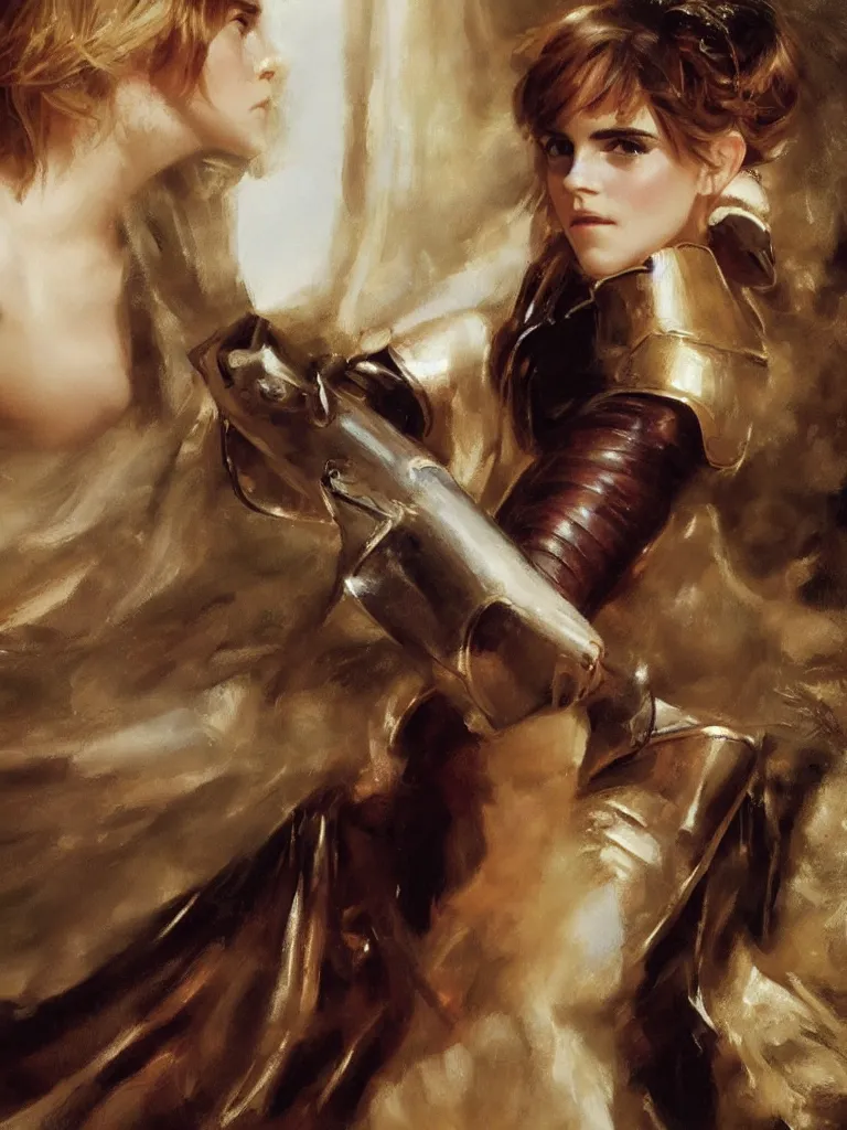 Prompt: close up of emma watson in full leather armor, cinematographic shot, by vladimir volegov and alexander averin and delphin enjolras and daniel f. gerhartz