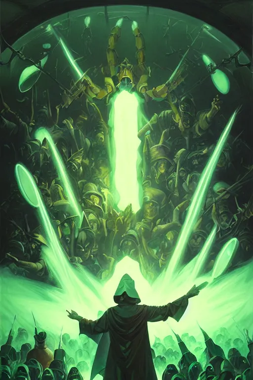 Image similar to the dark magician directs an army of the undead to the light one in a green acid fog, futurism, painting by greg rutkowski, j. c. leyendecker, artgerm