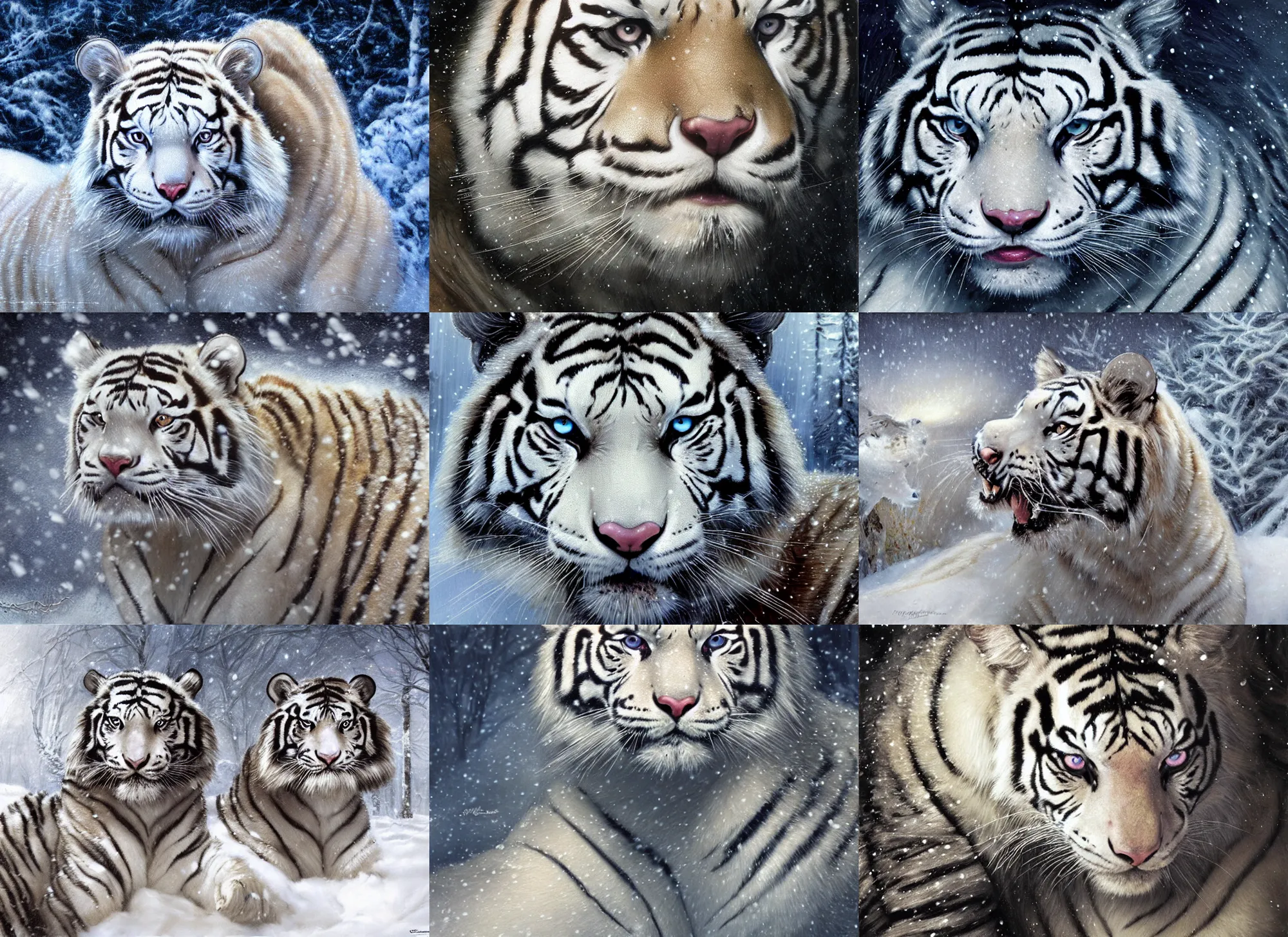 Prompt: close-up face portrait of muscled Denise Richards mounted on a fierce large white tiger, wintery scene, snow storm, Donato Giancola, Mark Brooks, Ralph Horsley, Charlie Bowater, Artgerm, Christopher Balaskas, Bastien Lecouffe-Deharme