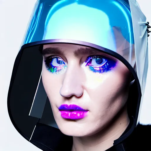 Prompt: an ultra high definition professional studio quality photograph of an artificial celebrity cyberpunk pop star wearing a transparent iridescent perspex pastel coloured face visor and matching raincoat on white coat hook in an icelandic black rock environment. dramatic lighting. volumetric shadows. light rays